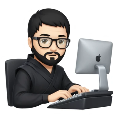 Man with black hair and beard wearing glasses in a ninja costume typing on a computer keyboard sticker