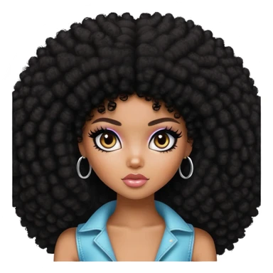 pretty bratz girl, dark black big afro, dark brown eyes, y2k fashion, black eyeliner, deep brown skin sticker