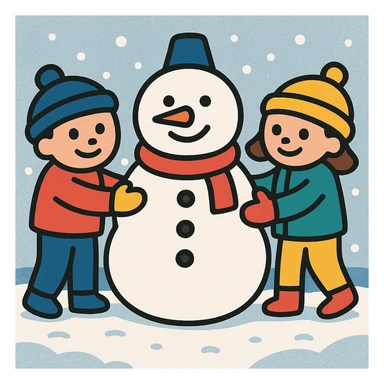 Add a snowy background behind the kids building a snowman, keep the original color outline icon style sticker