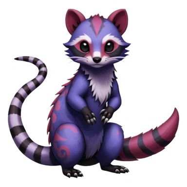 Rare warm-colored exotic gloomy tropical edgy cute epic aesthetic spooky indigo purple white black red gothic colorful Salandit-Furret-Civet-species-Fakemon-hybrid-creature, with tribal tattoo markings, full body sticker