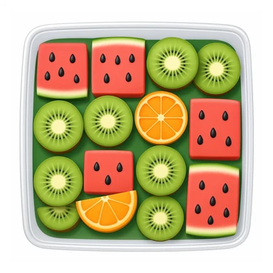 Change the box to a transparent container, keep the fruit platter arrangement the same, in the style of emoji (apple style emojis). sticker