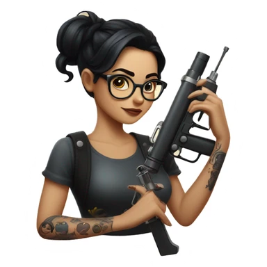 dark haired girl with glasses and a tattoo gun in one hand and a book in the other with the european stars circle in the background sticker