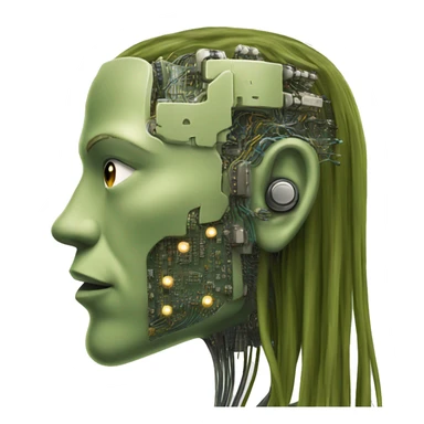 Olive green long hair man cyborg head with circuits sticker