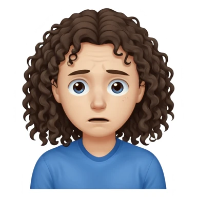 white young long dark brown CURLY hair, with a blue shirt, in despair crying, brown eyes, septum nose piercing sticker