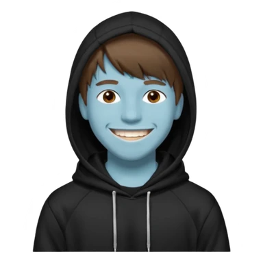 20 yr old man, brown hair, straight, big smile, white teeth, tanned skin, bangs, black hooded sweatshirt, long hair in back, middle parted bangs sticker