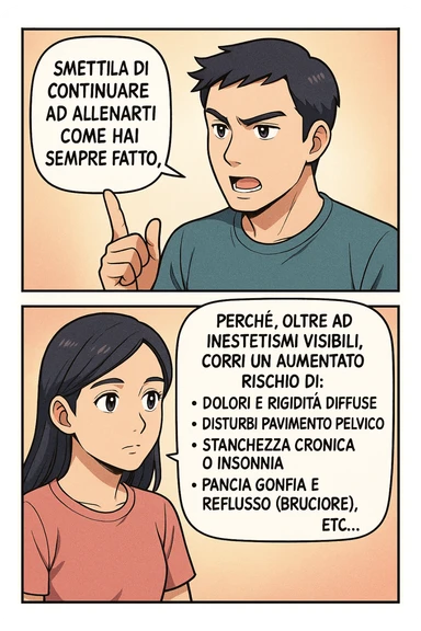 TRASFORMA QUESTO CAROSELLO IN UN FUMETTO STILE MANGA A COLORI CON QUESTE DUE PERSONE IDENTICHE CHE INTERLOQUISCONO TRA LORO:

LUI (UOMO): Smettila di continuare ad allenarti come hai sempre fatto perché, oltre ad inestetismi visibili, corri un aumentato rischio di:
    • dolori e rigidità diffuse
    • disturbi pavimento pelvico
    • stanchezza cronica o insonnia
    • pancia gonfia e reflusso (bruciore)
    • etc… sticker