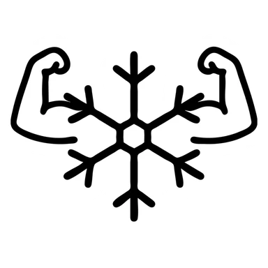 a mighty strong snowflake, stylized with muscular arms, heroic pose, thick black outlines sticker