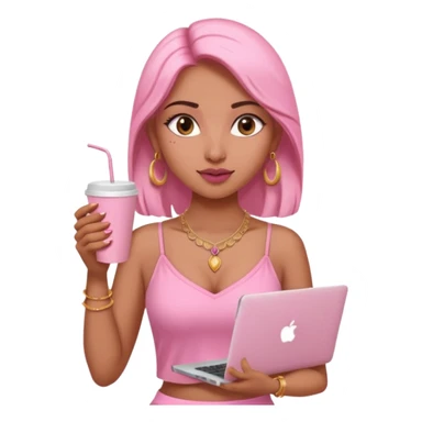 a pretty fair indian bratz girl with a pink cami top, drinking takeaway brown coffee, golden dainty necklace and carrying a white macbook sticker