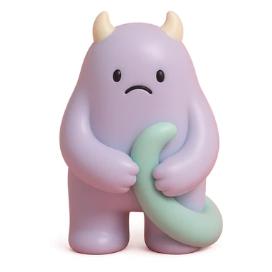 small monster with drooping shoulders, holding its own tail, gentle lighting, subtle colors, toy-like vinyl figure style sticker