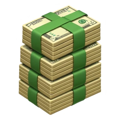 3D icon of stacked US dollar bundles with green straps, isometric view, game style sticker