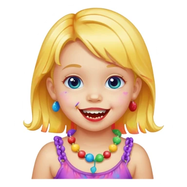 A toddler with candy necklace, grinning with colorful sugar stains on her mouth. sticker