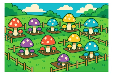 whimsical fungi farm with colorful mushrooms growing in neat rows, surrounded by tiny fences, in a lush green field, vibrant cartoon style sticker