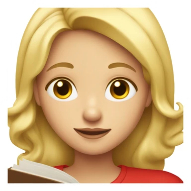 A blonde girl whit a red top whit a book making a heart sticker