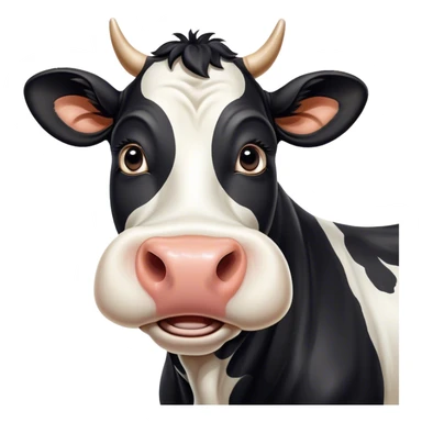 Cinematic Comical Black and White Cow Portrait Emoji, Head tilted dramatically with an exaggeratedly amused expression, featuring a striking, glossy coat of bold black and white, wide, expressive brown eyes filled with playful disbelief, Simplified yet hilariously expressive features, highly detailed, glowing with a slightly sassy glow, high shine, dramatic yet playful, stylized with an air of cheeky mischief, bright and endearing, soft glowing outline, capturing the essence of a spirited and over-the-top cow, so meme-worthy it feels like it could moo its way into internet fame instantly! sticker