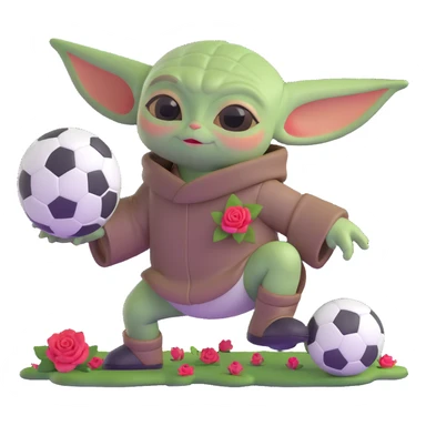 baby Yoda kicking a soccer ball with small roses beside him sticker
