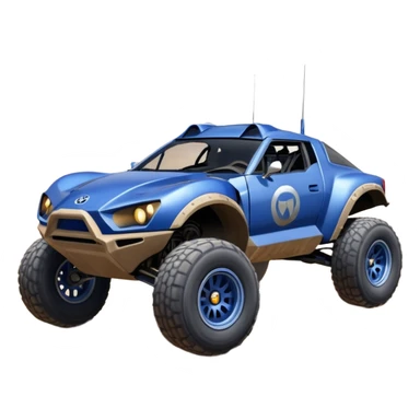 Mandalorian evil darkly night blue Dirty and dented Local Motors Rally Fighter off road race car hot rod meets 2013 Toyota 86 trophy truck-style basher flying on a dusty road (silver wheels) sticker