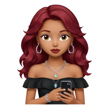 a pretty bratz girl with wavy dark red hair, wearing a black off shoulder top . silver dainty layered necklaces, carrying an iphone sticker