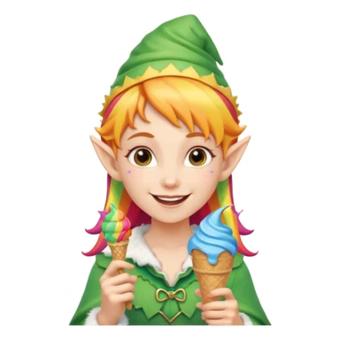A cheerful elf girl with pointy ears holding a rainbow ice cream cone, smiling brightly.

 sticker