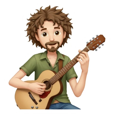 Generate a malnourished dude with curly hair and a shitty goatee who is high on marijuana playing the guitar and twisting a strand of his hair sticker