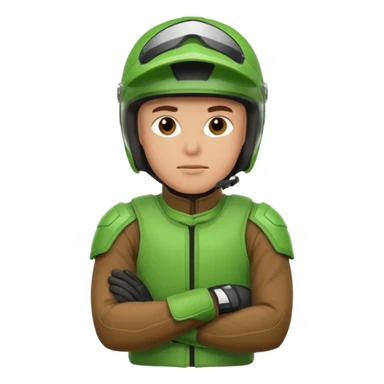 dirtbike rider in green gear with arms crossed, and thinking sticker