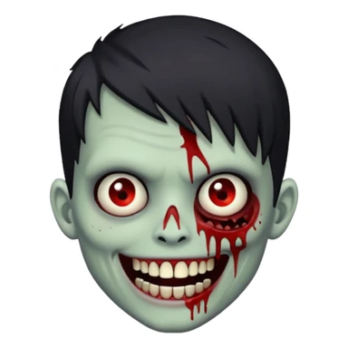zombie boy with emo hair, white skin, and white eyes; an open smile, and bloodied teeth; sticker