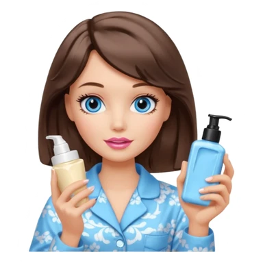 Barbie girl with makeup, blue eyes , and bob long haircut wavy, short brown hair in creamy color pajamas, face cream in hand sticker