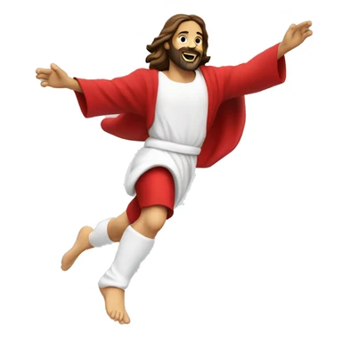 Jesus sprinting, with a large stride and arms outstretched, in a red santa costume sticker