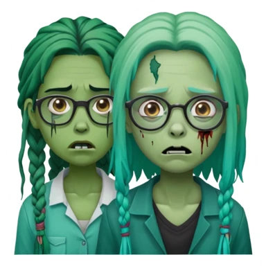 green-skinned, zombie with glasses, a girl with ombre black & teal long dreadlocks and a worried expression with a small wound near its mouth. sticker