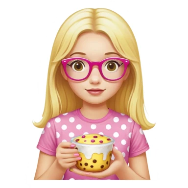a girl with long lashes, long blonde hair, wearing yellow polka dot t-shirt, wearing pink glasses, holding a pudding sticker