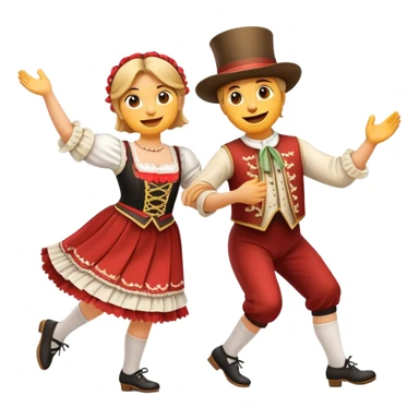 Cinematic Realistic Schuhplattler Dance Emoji, depicted as a lively traditional folk dance scene with performers in authentic Bavarian costumes, rendered with dynamic textures and festive natural lighting that captures the spirit of rural celebration. sticker