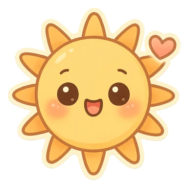 chibi sticker-style sun with a heart accent, cute and exaggerated sticker