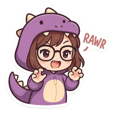 chibi anime style girl with glasses, brown hair, dark purple eyes, wearing a purple dinosaur costume, saying 'rawr' in a cute playful way, clawing the air with her hands, showing her teeth, no background sticker