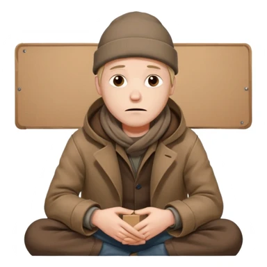 A tired homeless man wearing a worn brown coat and beanie, sitting quietly with a cardboard sign in his hands.
 sticker