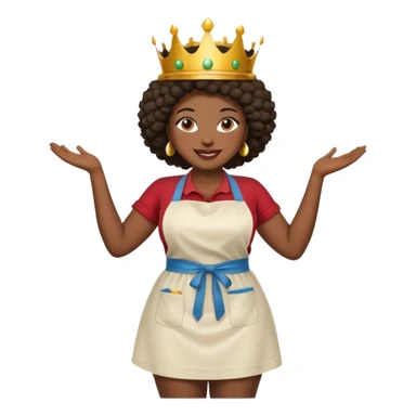 Mujer curvy afro, con piernas gordas y vestimenta cómoda, usando delantal,con una corona sobre su cabeza y sonrisa contagiosa.  sticker