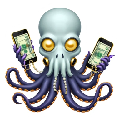 Intimidating octopus with pearl black skin, neon suction cups. Evil glaring eyes. Wearing white face mask and thick gold chain. 2 tentacles are holding their own cellphone, 2 more tentacles are holding stacks of money. sticker