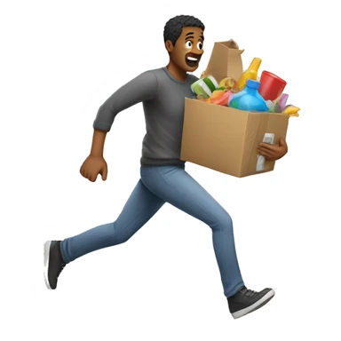 a man collects a bunch of things and runs sticker