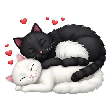 Big black cat is sleeping with a small white cat with hearts above sticker