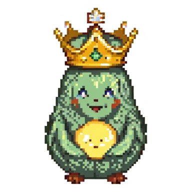pear with a golden crown, pixel art style, cheerful expression, no background sticker