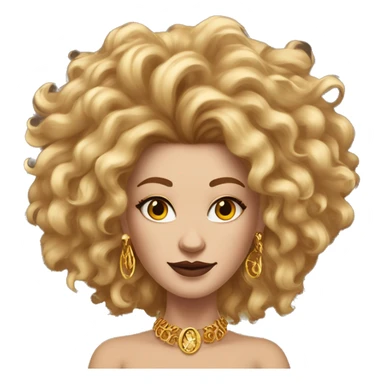 Create an emoji of a confident white woman with voluminous lion-like hair, bold makeup, and gold jewelry, embodying the Leo zodiac sign with a regal expression and fiery energy. sticker