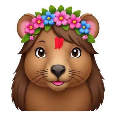 capybara with faka eye lashes and make up on - bright lipstick and eye make up - long brown hair, flowers in her hair

 sticker