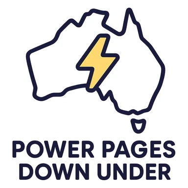 clean modern icon of the map of Australia with no thick border, text 'Power Pages Down Under' below, designed for use on a purple background, main colors #403DAD and vibrant purple, accent #fff7ad, no Power Pages icon, no digital web overlay sticker