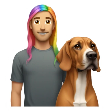 white male with long rainbow colored hair standing alongside a brown rhodesian ridgeback sticker