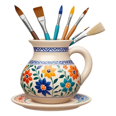 Ceramic painting icon, hand-painted ceramic plate or vase with intricate patterns, visible paintbrush, paint pots, and ceramic tools, colorful glaze, no finished artwork, just the painting process, minimalistic style, clean lines, transparent background. sticker