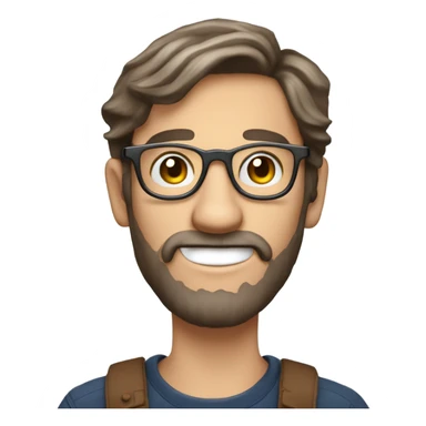 generate an emoji style image of a white beardless 20 years old man with long brown hair and round metal glasses but nerdy, holding a gadget and a phillips screwdriver sticker