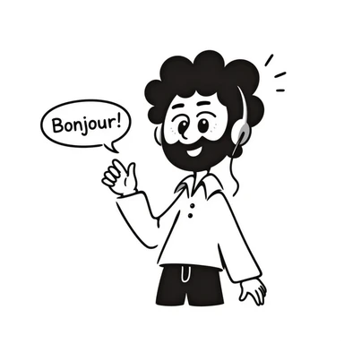 Anime-style character saying "Bonjour!", with black hair, brown eyes, black beard, wearing gaming headphones, Japanese animation style sticker