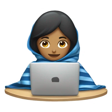 Chica crespa morena con una manta azul con rayas blancas y un computador sticker