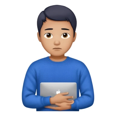 a asian handsome guy wearing a blue knit with white shirt, looking sad, holding a macbook, only upper body, high quality sticker