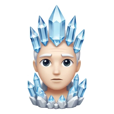 A single crystal character inspired by a clear quartz cluster, chunky base with many tall transparent crystal spikes growing upward all around it with a face sticker