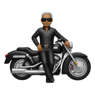 56 year old man, balled, brown eyes, black motorcycle suit, sunglasses on forehead sticker