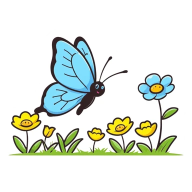 Happy blue butterfly with a big smile flying in a spring meadow with blooming flowers sticker